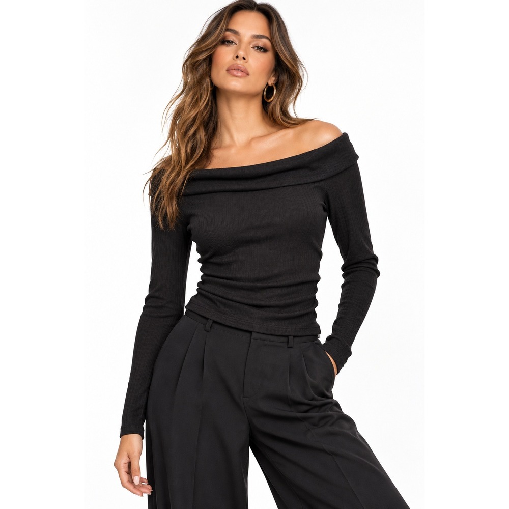 Les Serein Miley Off The Shoulder Knit Top Black Ribbed Long Sleeve NWT